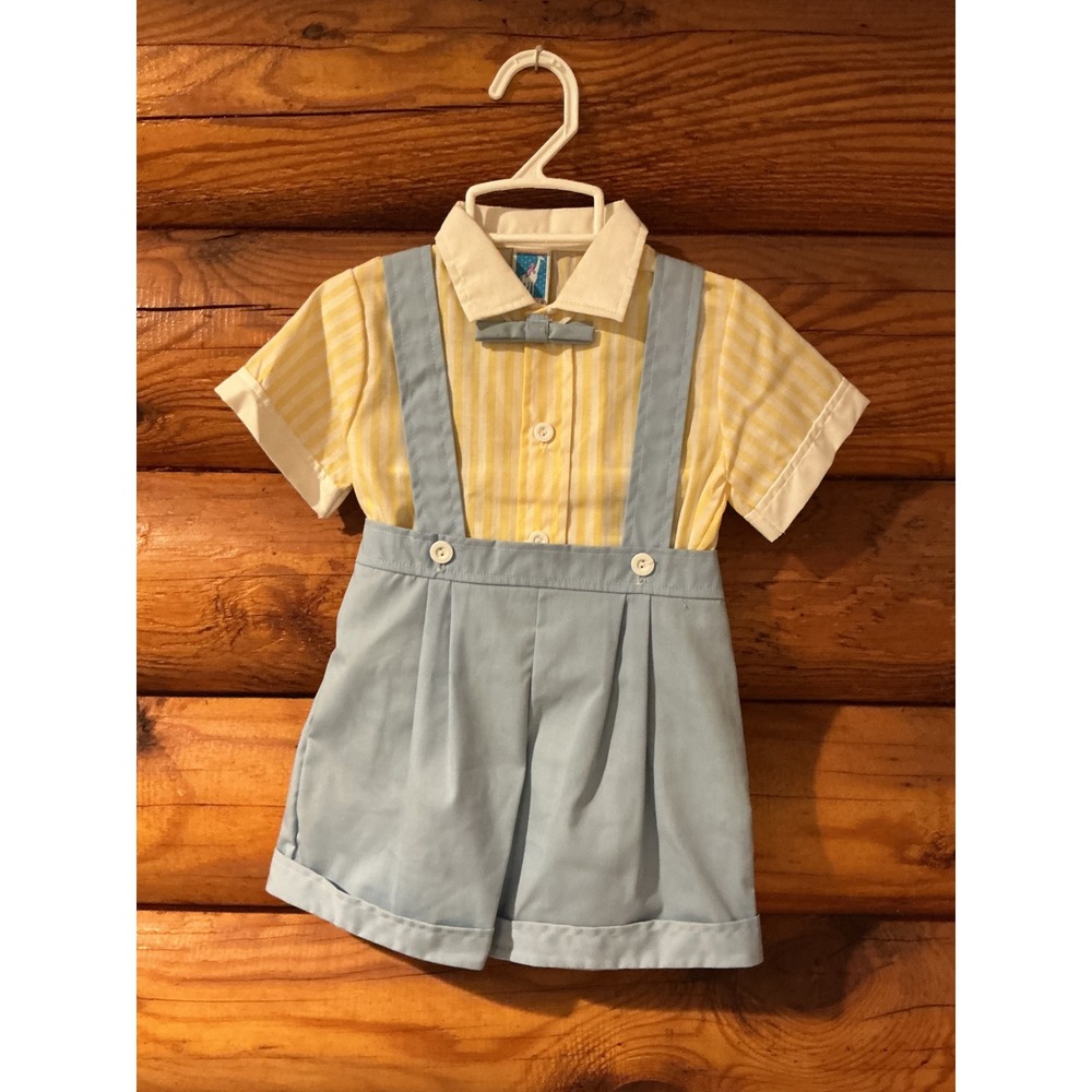 Vintage Toddle Tyke Boys Yellow Stripe Shirt Blue Suspender Shorts Set T4 4302-D